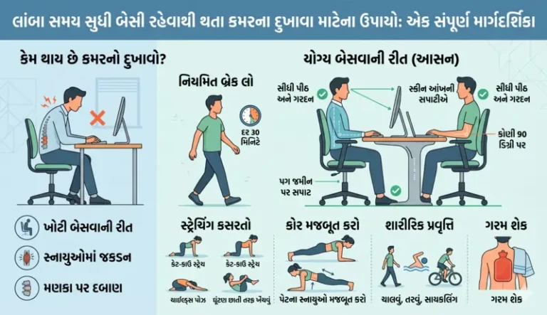 લાંબા સમય સુધી બેસી રહેવાને કારણે થતા કમરના દુખાવાના ઉપાયો