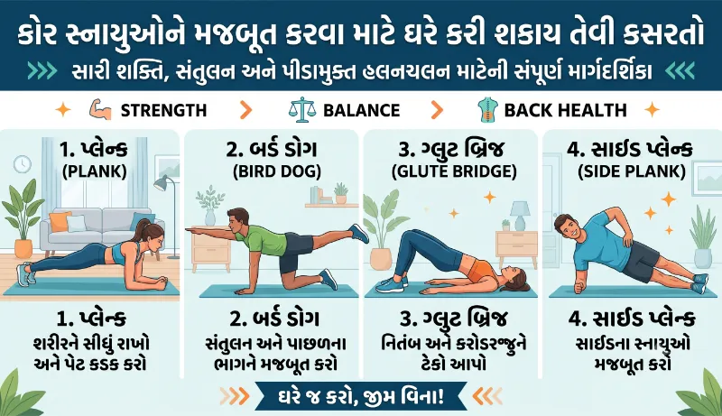 કોર સ્નાયુઓને મજબૂત કરવા માટે ઘરે કરી શકાય તેવી કસરતો