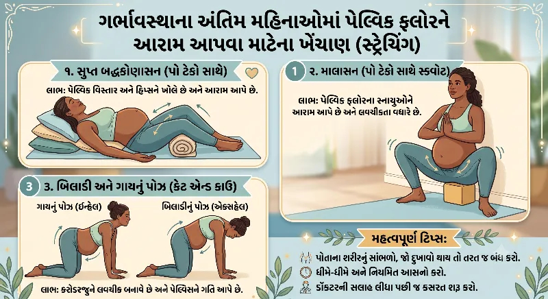 ગર્ભાવસ્થાના અંતિમ મહિનાઓમાં પેલ્વિક ફ્લોરને આરામ આપતા સ્ટ્રેચિંગ પોઝ સંપૂર્ણ માર્ગદર્શિકા