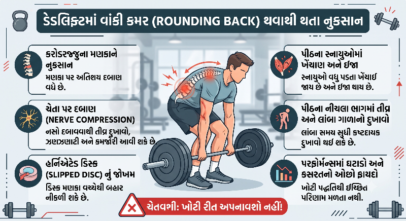 જીમમાં ડેડલિફ્ટ કરતી વખતે કમર વાંકી વળી જવાથી (Rounding Back) થતા નુકસાન