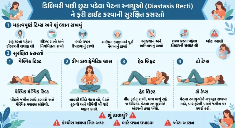 ડિલિવરી પછી છૂટા પડેલા પેટના સ્નાયુઓ (Diastasis Recti) ને ફરી ટાઈટ કરવાની સુરક્ષિત કસરતો