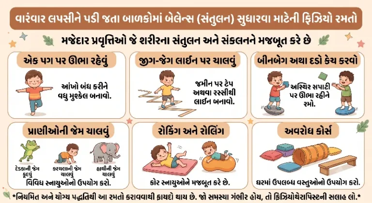 વારંવાર લપસીને પડી જતા બાળકોમાં બેલેન્સ (સંતુલન) સુધારવા માટેની ફિઝિયો રમતો