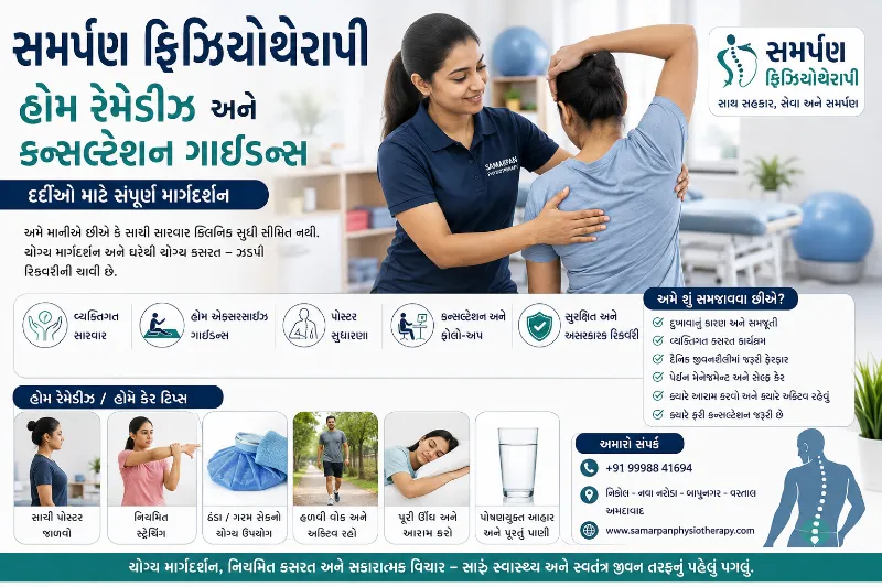 સમર્પણ ફિઝિયોથેરાપીમાં દર્દીઓને આપવામાં આવતા હોમ રેમેડીઝ અને કન્સલ્ટેશન ગાઈડન્સ